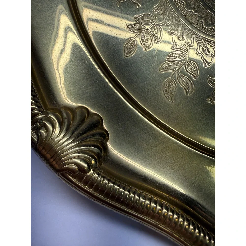 Vintage Gold Tone Etched Floral Round Serving Tray Scalloped Shell Rim 12.5 Inch